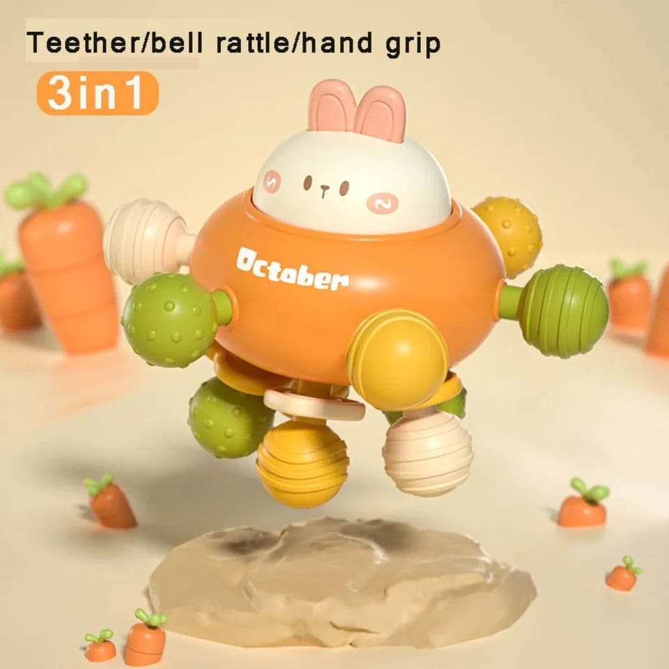 Fidtoy Jouet de dentition et hochet 3-en-1 en silicone pour bébé, hochet lapin pour bébés de 6 mois et plus, jouet à mâcher texturé pour les voyages, le jeu en poussette et le développement sensoriel précoce