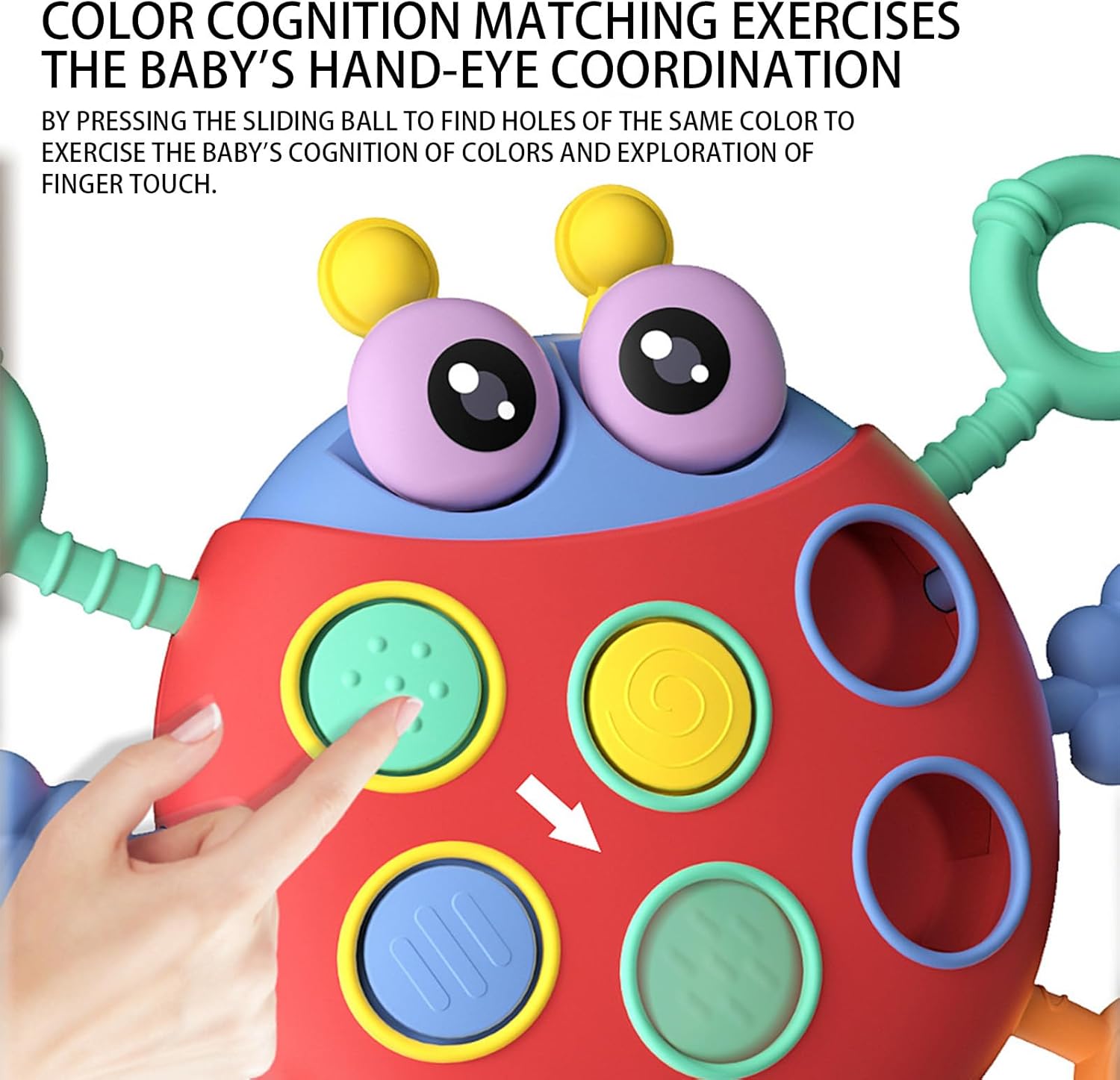 Fidtoy Cute Colorful Ladybug String Pull Sensory Rattle for Babies 6+ Months Montessori Pull String Teething Toy