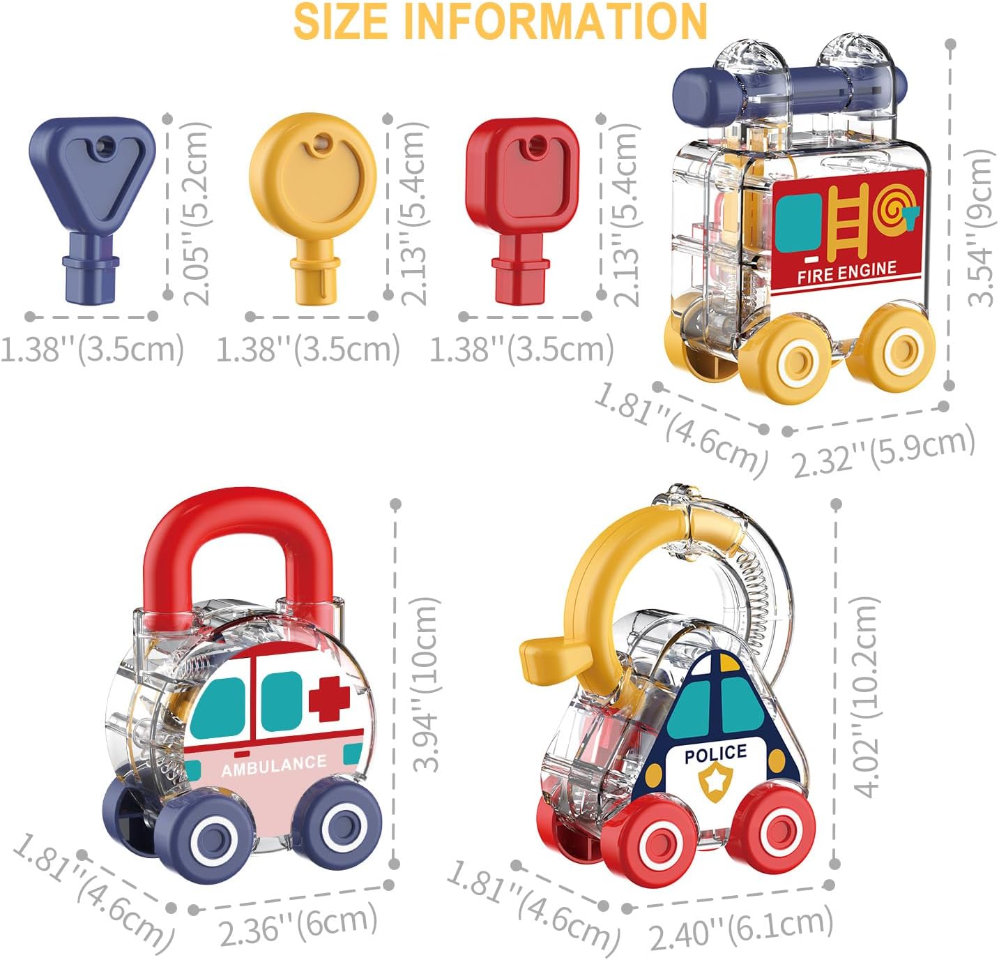 Fidtoy Transparent Transport and Shape Recognition Lock and Key Set 3 Pieces | Plastic Vehicle Unlocking Toy, Color Matching Cars, Fine Motor Skills, Shape Recognition & Pretend Rescue Play Age 3+