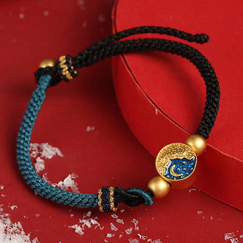 Buddha Stones Handmade Mountain and Sea Engraved Luck Two-Color String Couple Bracelet Bracelet BS 11