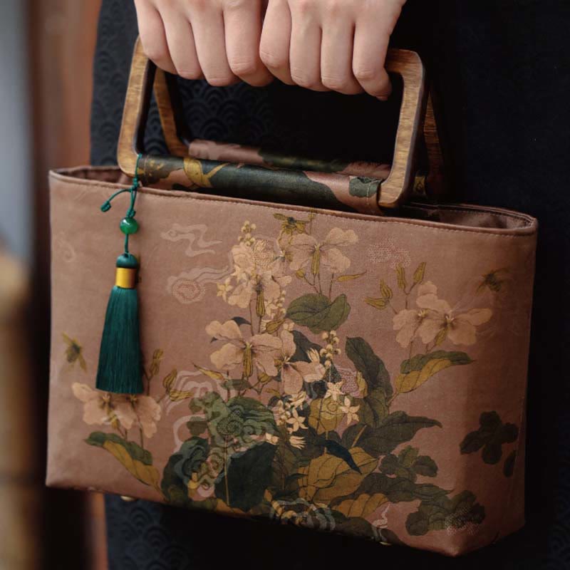 Buddha Stones Vintage Brown Flowers Green Bamboo Leaves Wood Handles Zipper Handbag Handbags BS 1