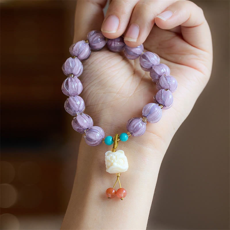Buddha Stones Liuli Glass Bead Lotus Design Fluorite Ivory Fruit Dancing Lion Charm Enlightenment Bracelet Bracelet BS Purple Liuli Glass&Ivory Fruit Dancing Lion(Wrist Circumference 14-16cm)