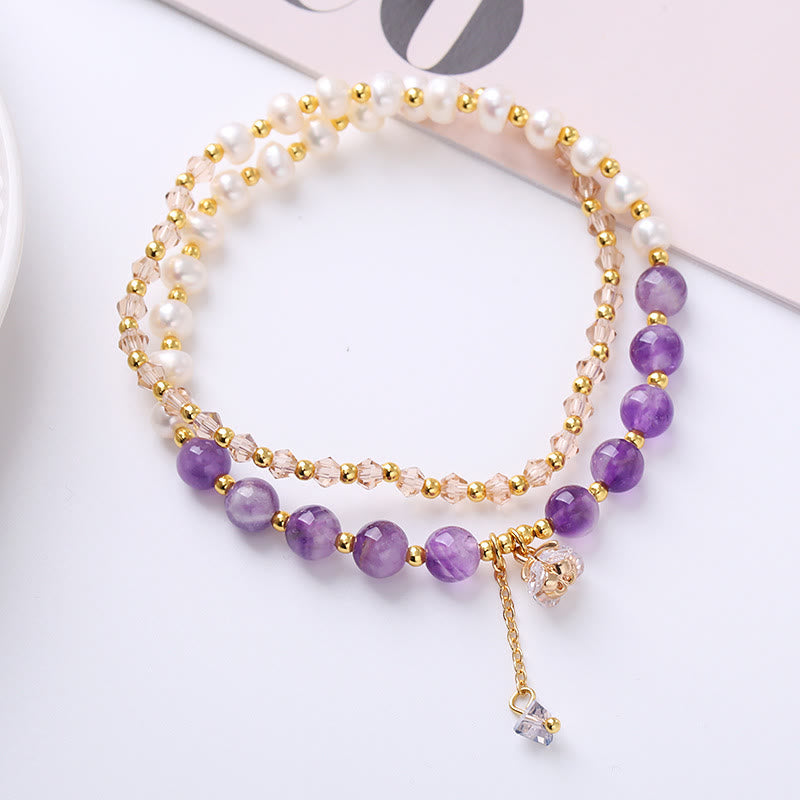 Buddha Stones Natural Amethyst Aquamarine Strawberry Quartz Pearl Peace Healing Double Wrap Bracelet Bracelet BS Amethyst(Spiritual Awareness♥Inner Peace)