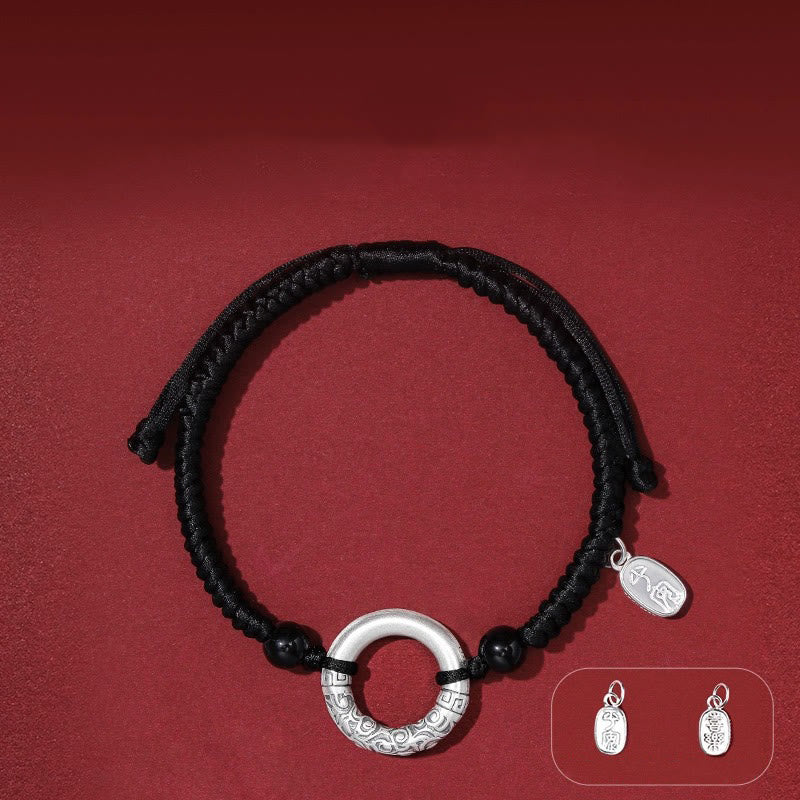 Buddha Stones 925 Sterling Silver Black Onyx Peace Buckle Fu Character Charm Bracelet Bracelet BS Peace Buckle&Agate Peace And Joy Charm(Wrist Circumference 14-26cm)