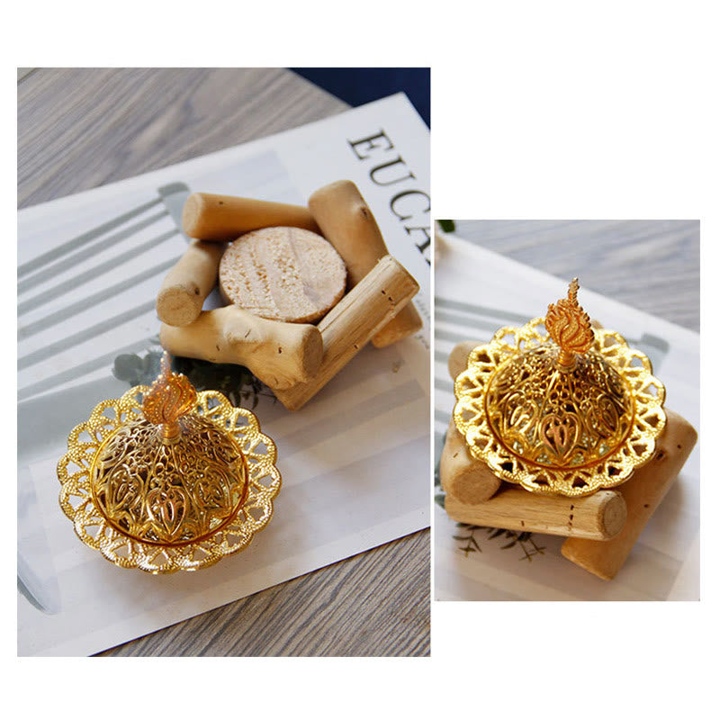 Buddha Stones Gold Alloy Healing Mini Incense Burner With Wooden Coaster Home Decor Incense Burner BS 15