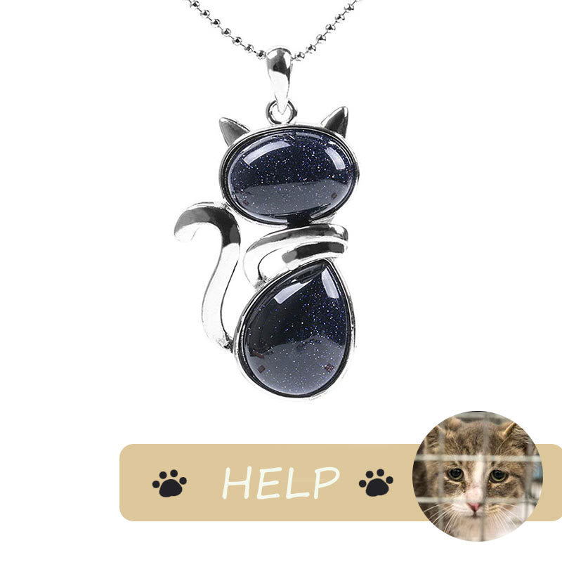 "Save A Cat" Cute Cat Pattern Natural Crystal Protection Cat-Loving Pendant Necklace - Blue Sandstone - image 24