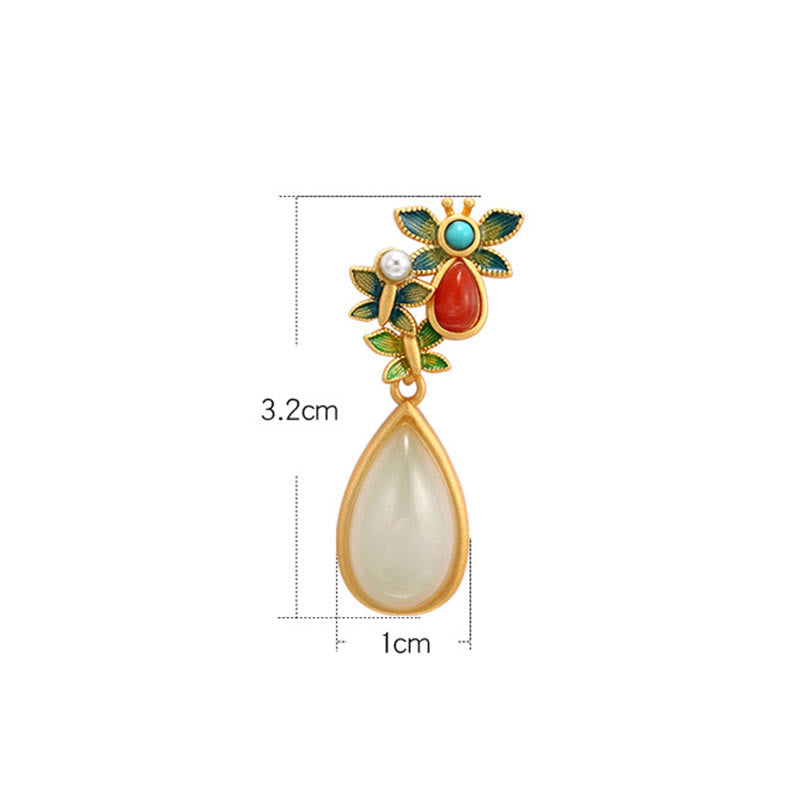 Buddha Stones Water Drop White Jade Red Agate Butterfly Protection Drop Dangle Earrings Earrings BS 12