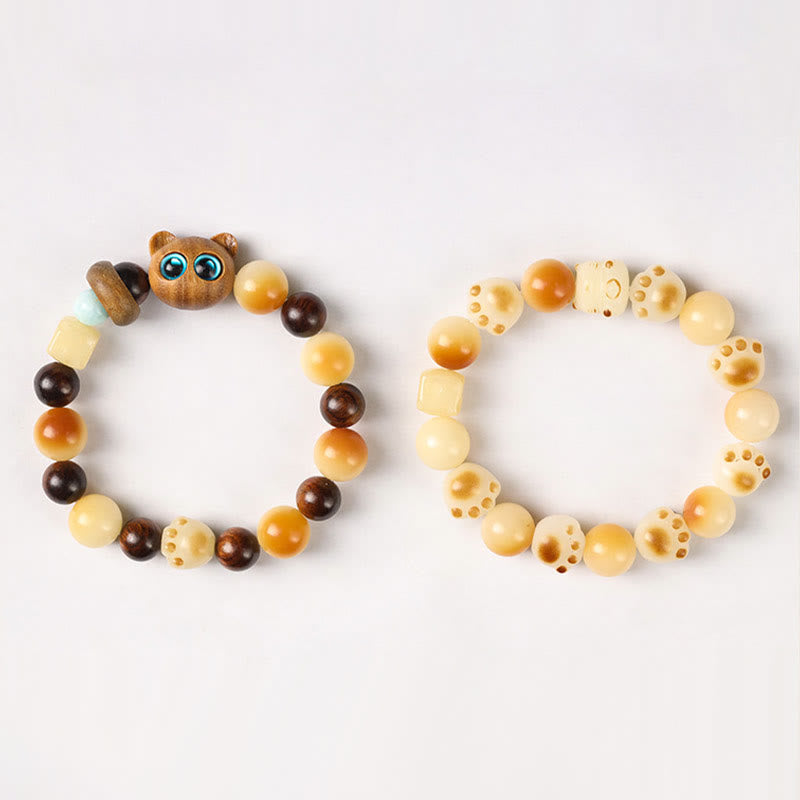 Buddha Stones Natural Bodhi Seed Sandalwood Lucky Cute Cat Head Paw Claw Peace Bracelet Bracelet BS 22