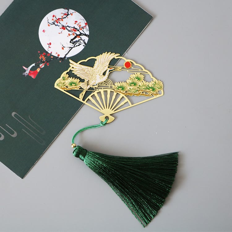 Buddha Stones Traditional Butterfly Lotus Flower Crane Dragon Phoenix Fox Koi Fish New Beginning Metal Brass Hollow Fan Bookmarks Bookmarks BS Sun Crane