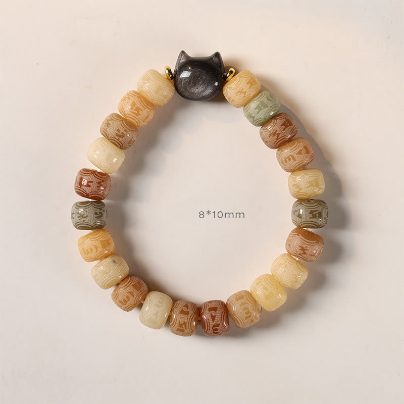 Buddha Stones Bodhi Seed Silver Sheen Obsidian Cat Head Om Mani Padme Hum Engraved Harmony Bracelet Bracelet BS 4