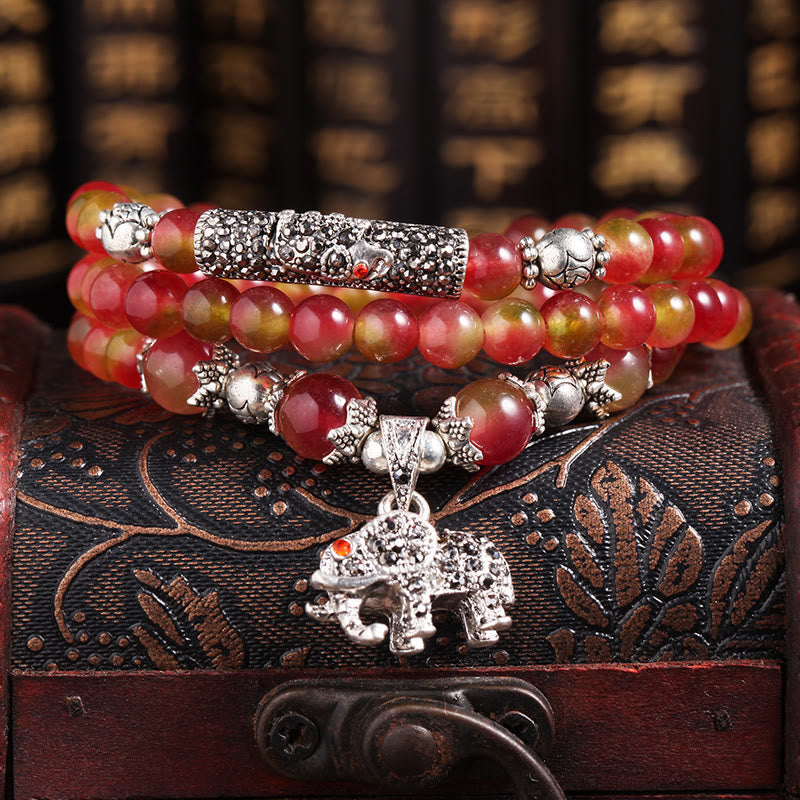 Buddha Stones Natural Watermelon Tourmaline PiXiu Elephant Positive Triple Wrap Bracelet Bracelet BS 6mm Watermelon Tourmaline Elephant