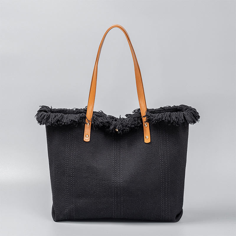 Buddha Stones Large Capacity Solid Color Tassel Canvas Tote Shoulder Bag Shoulder Bag BS Black 50*10*35cm