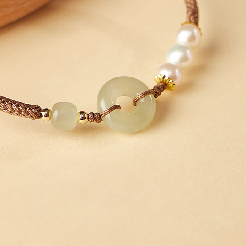 Buddha Stones Natural Hetian Jade Pearl Peace Buckle Luck Bracelet - image 7