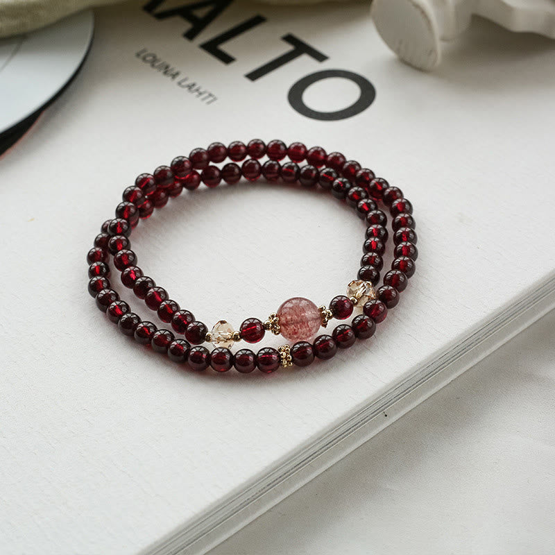 Buddha Stones 14K Gold Plated Natural Garnet Strawberry Quartz Stability Double Wrap Bracelet Bracelet BS 5