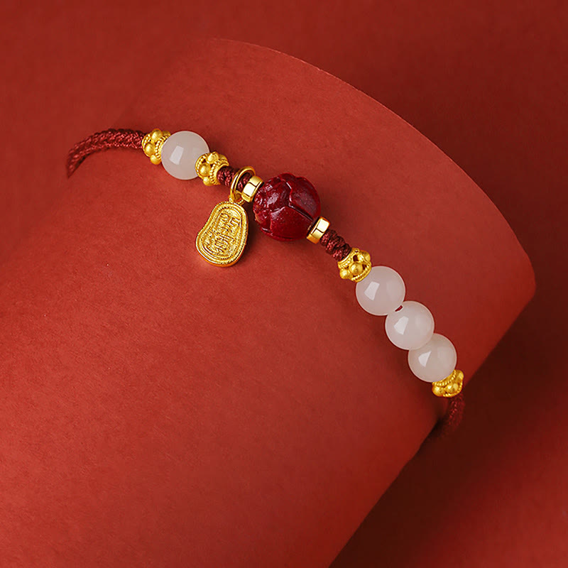 Buddha Stones 24K Gold Plated Hetian White Jade Cinnabar Lotus Luck Rope Bracelet Bracelet BS 2