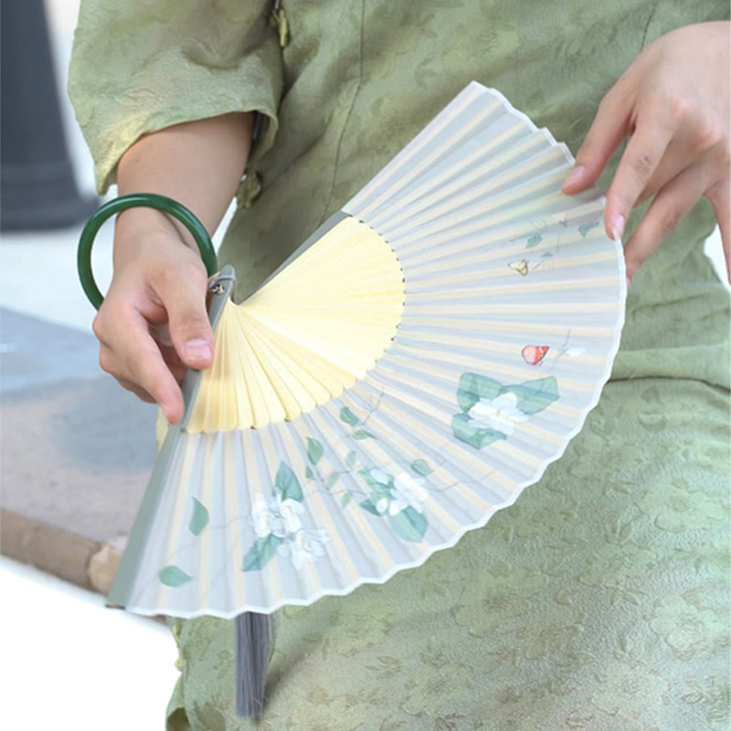 Buddha Stones Jasmine Flowers Handheld Bamboo Folding Fan Folding Fan BS 8