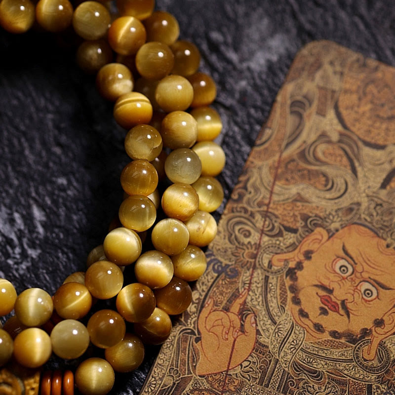 Buddha Stones 108 Mala Beads Natural Tiger Eye Copper Dorje Protection Tassel Bracelet Mala Bracelet BS 21