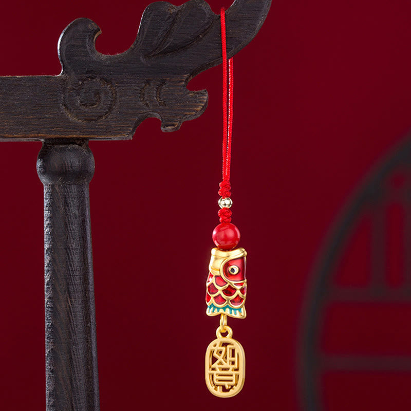 Buddha Stones Koi Fish Cinnabar Attracting Wealth Wish Ruyi Charm Luck Phone Hanging Decoration Phone Hanging Decoration BS 17