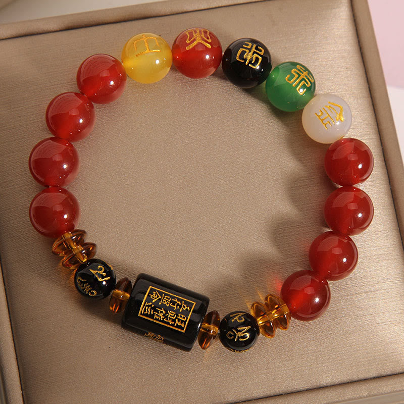 Buddha Stones Five Elements Black Onyx Red Agate Wisdom Wealth Bracelet Bracelet BS 16