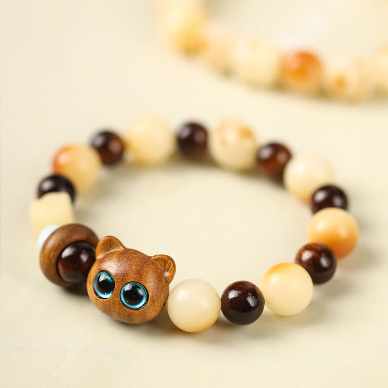 Buddha Stones Natural Bodhi Seed Sandalwood Lucky Cute Cat Head Paw Claw Peace Bracelet Bracelet BS Green Sandalwood Lucky Cat(Wrist Circumference 14-17cm)