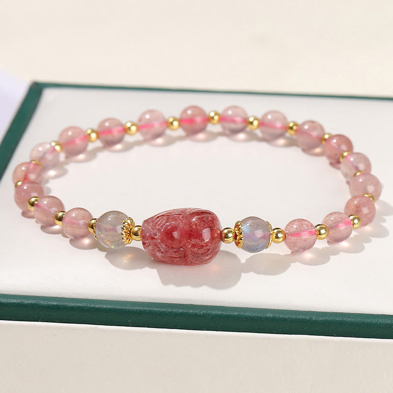 Buddha Stones Moonstone Strawberry Quartz Tourmaline PiXiu Healing Bracelet Bracelet BS Strawberry Quartz(Wrist Circumference 14-16cm)