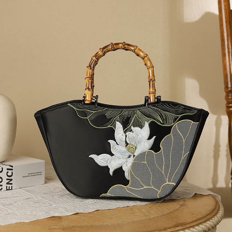 Buddha Stones Lotus Embroidery Bamboo Handle Handbag Handbags BS Lotus Black 17*11*15cm