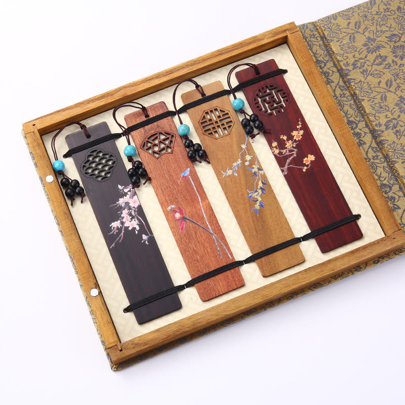 Buddha Stones 4Pcs Four Seasons Plum Orchid Bamboo Chrysanthemum Peking Opera Mask Wood Bookmarks With Gift Box Bookmarks BS 1
