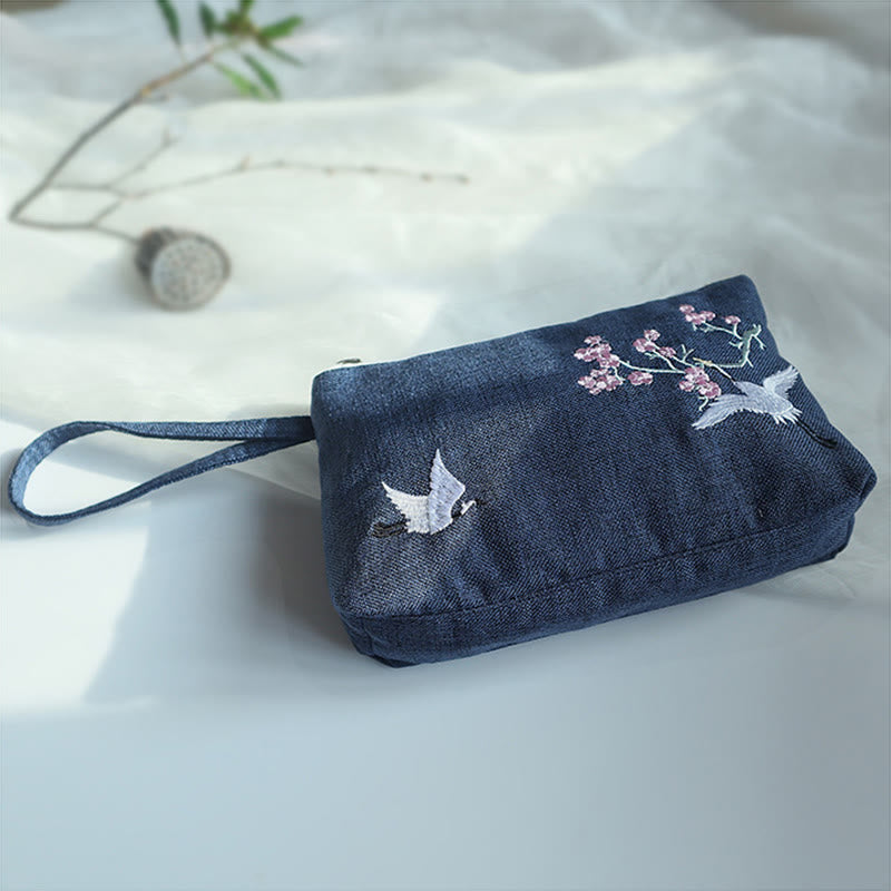Buddha Stones Small Flower Plum Cherry Crane Peach Blossom Embroidery Canvas Wallet Shopping Purse Purse BS 19