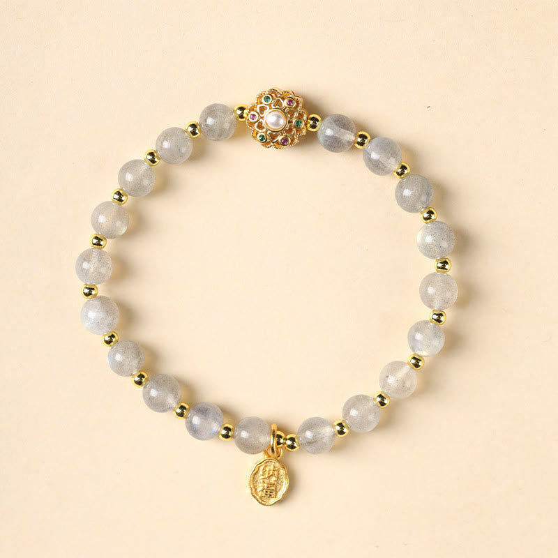 Buddha Stones 14K Gold Plated Natural Strawberry Quartz Labradorite Sun Stone Fu Character Positive Charm Bracelet Bracelet BS Labradorite(Wrist Circumference 15-16cm)