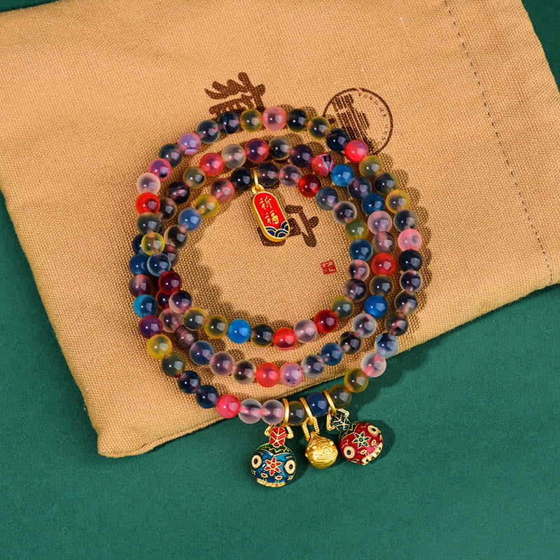 Buddha Stones Colorful Candy Agate Gold Swallowing Beast Family Strength Charm Triple Wrap Bracelet Bracelet BS 2
