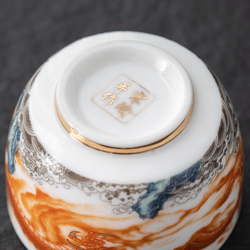 Buddha Stones Dragon Phoenix Crane Sun Ocean Waves Gilt Ceramic Teacup Kung Fu Tea Cup 170ml Cup BS 6