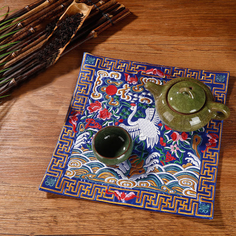 Buddha Stones Crane Phoenix Dragon Kirin Embroidered Cup Mat Pad Tea Cup Coaster Square Kung Fu Tea Mat Tea Mat BS Blue Crane