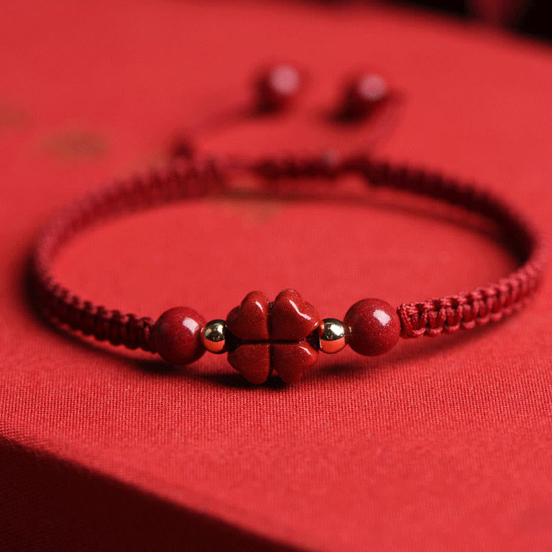 Buddha Stones Four Leaf Clover Five-petal Flower Cinnabar Blessing Red String Bracelet Bracelet BS Cinnabar Lucky Four Leaf Clover(Wrist Circumference 15-19cm)