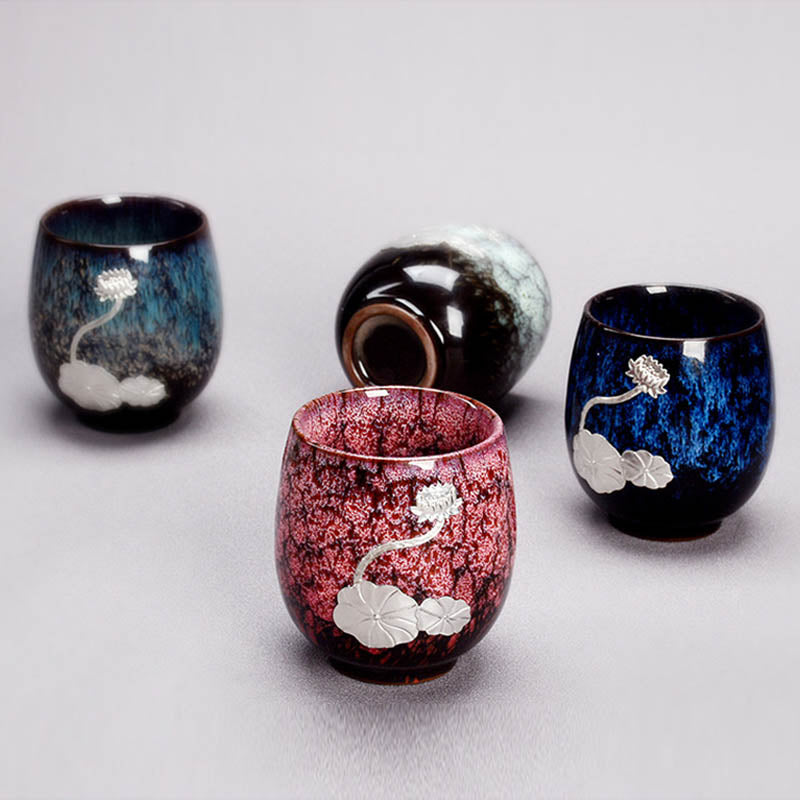 Buddha Stones Silver Lotus Flower Leaf Chinese Jianzhan Ceramic Teacup Kung Fu Tea Cup 150ml Jian Zhan Tea Cup BS 1