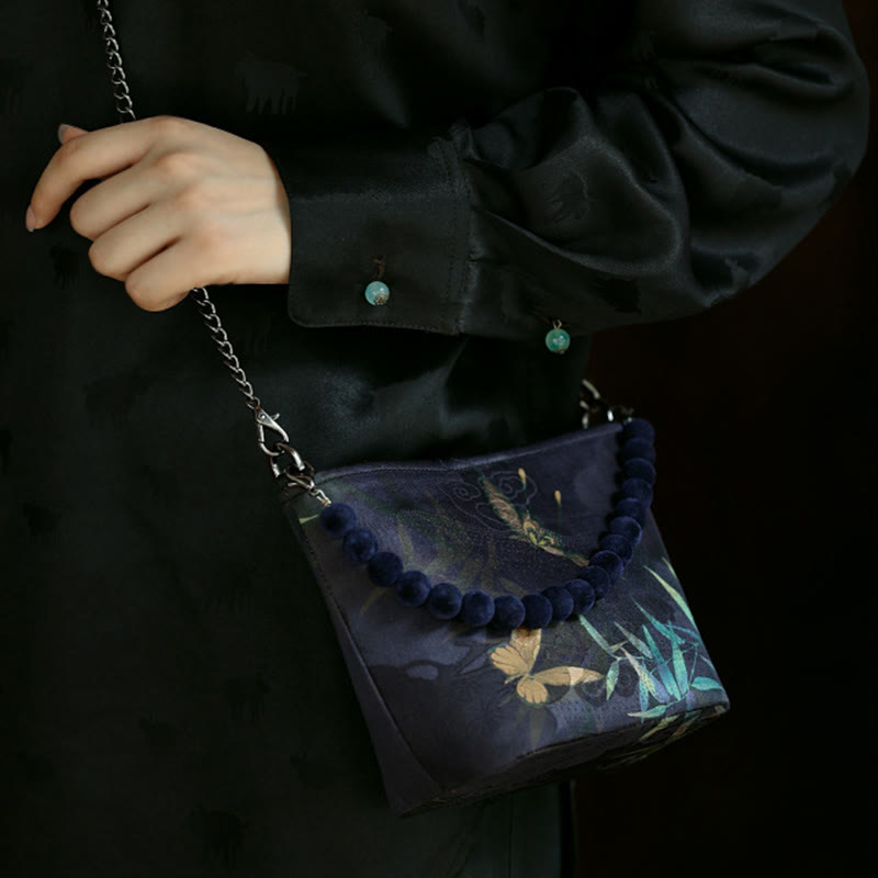 Buddha Stones Small Bamboo Leaves Butterfly Peony Flowers Magpie Metal Chain Crossbody Bag Shoulder Bag Handbag Handbags BS 3