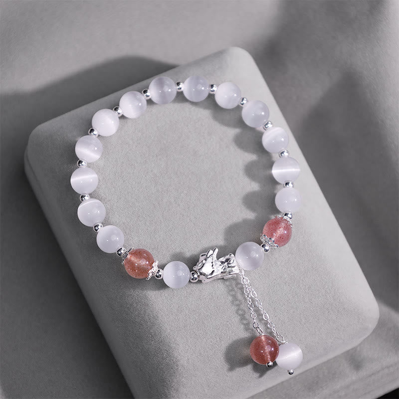Buddha Stones Natural Cat's Eye Moonstone Strawberry Quartz PiXiu Support Bracelet Bracelet BS 9