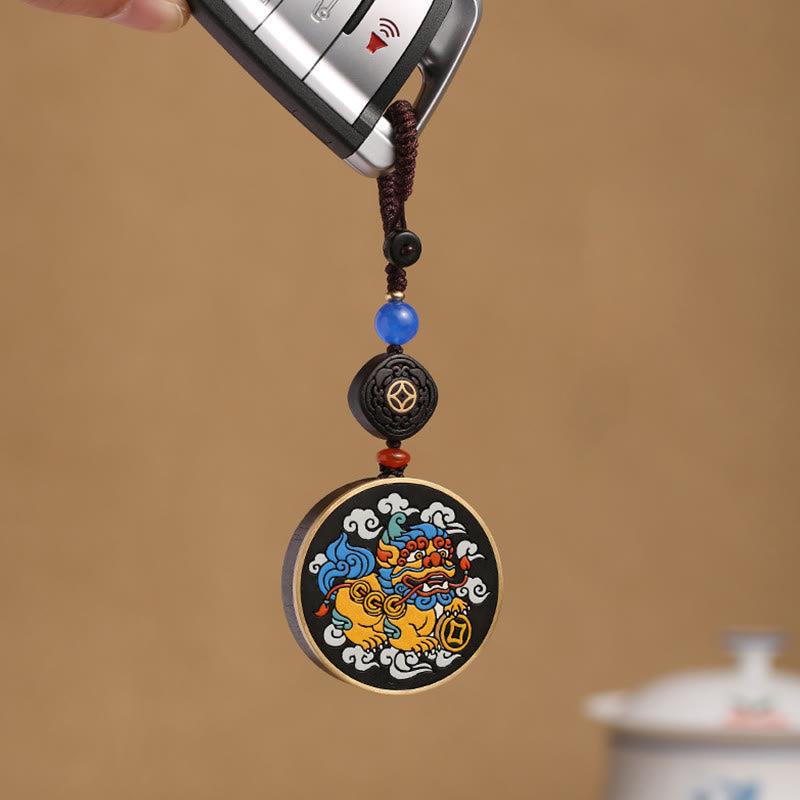 Buddha Stones PiXiu Copper Coin Ebony Wood Luck Attract Wealth Key Chain Decoration Key Chain BS PiXiu(Wealth♥Luck)