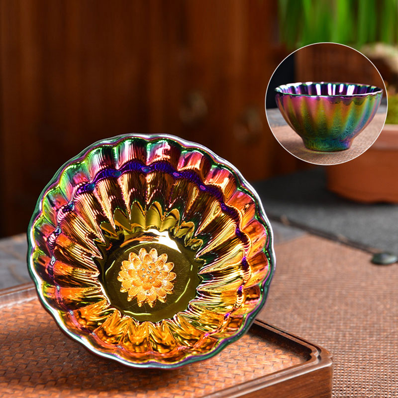 Buddha Stones Lotus Peacock Gold Inlaid Multicolored Chinese Jianzhan Ceramic Teacup Kung Fu Tea Cup Jian Zhan Tea Cup BS 2