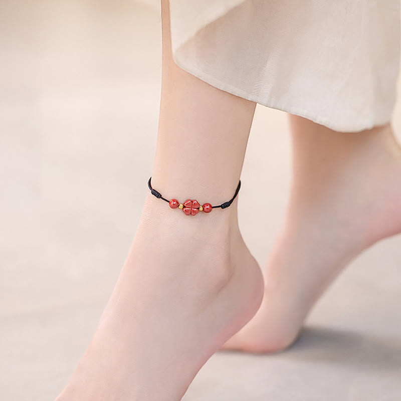 Buddha Stones Four Leaf Clover Cinnabar Blessing Calm String Bracelet Anklet Bracelet BS 25