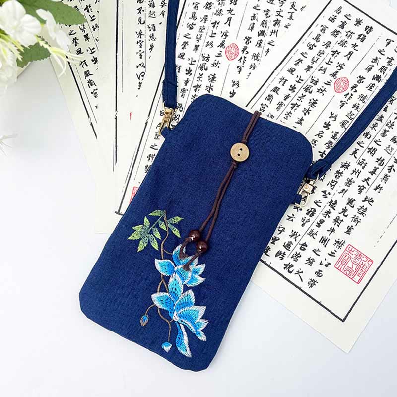 Buddha Stones Small Embroidered Flowers Crossbody Bag Shoulder Bag Cellphone Bag 11*20cm Crossbody Bag BS 29