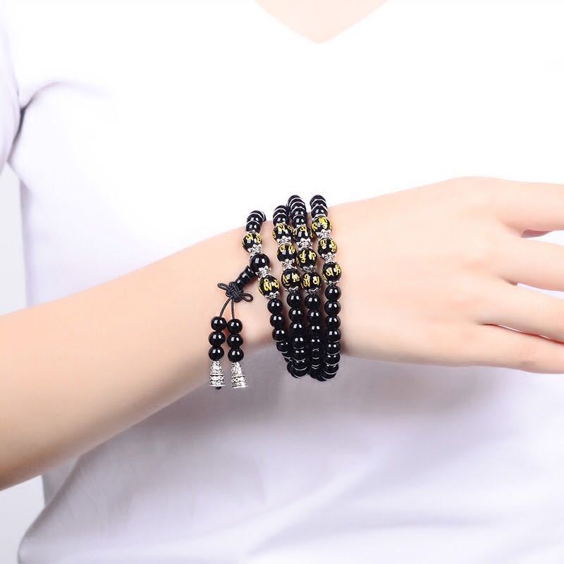 Buddha Stones Black Obsidian Six True Words Protection Mala Bracelet Mala Bracelet BS 4
