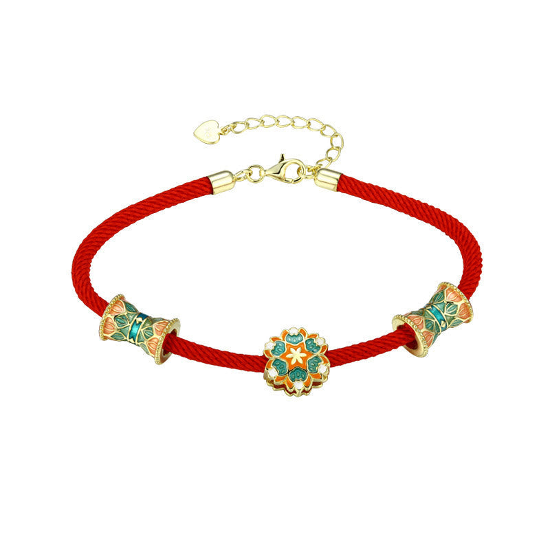 Buddha Stones Dunhuang 925 Sterling Silver Lotus Drum New Beginning Red Rope Bracelet Bracelet BS 11