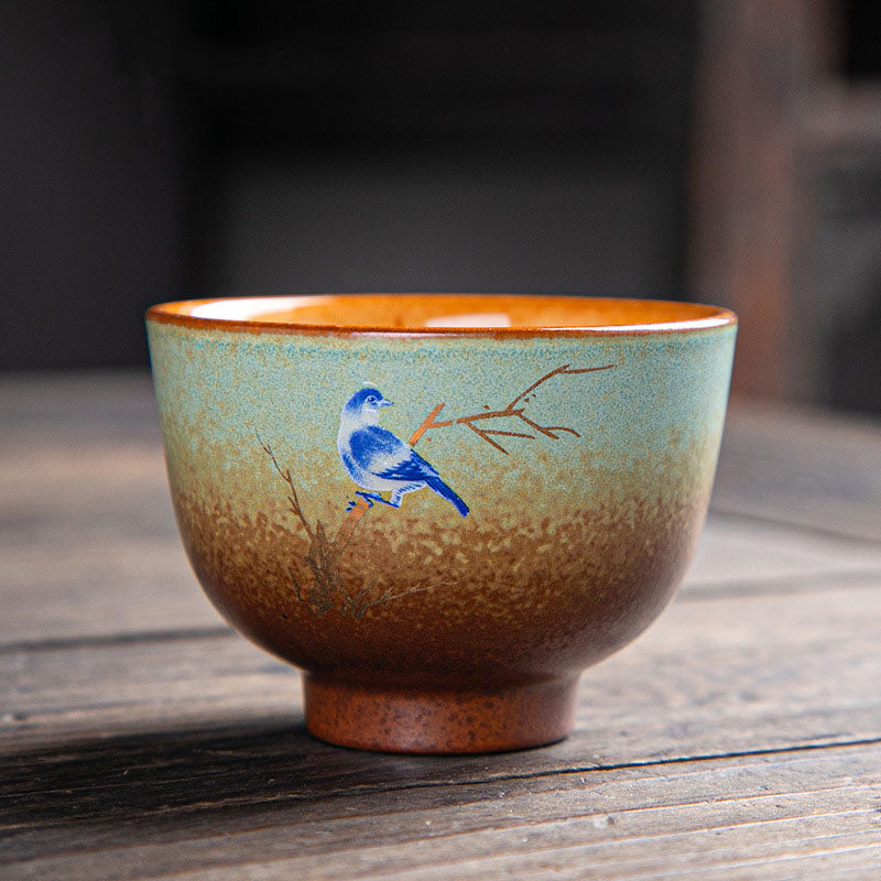 Buddha Stones Colorful Deer Pipa Snow Plum Blossoms Mountains Rivers Bird Ceramic Teacup Kung Fu Tea Cup Bowl Cup BS 7cm*5cm*100ml Blue Bird