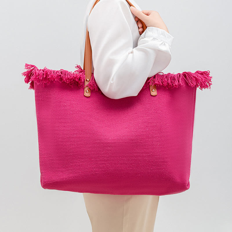 Buddha Stones Large Capacity Solid Color Tassel Canvas Tote Shoulder Bag Shoulder Bag BS 9