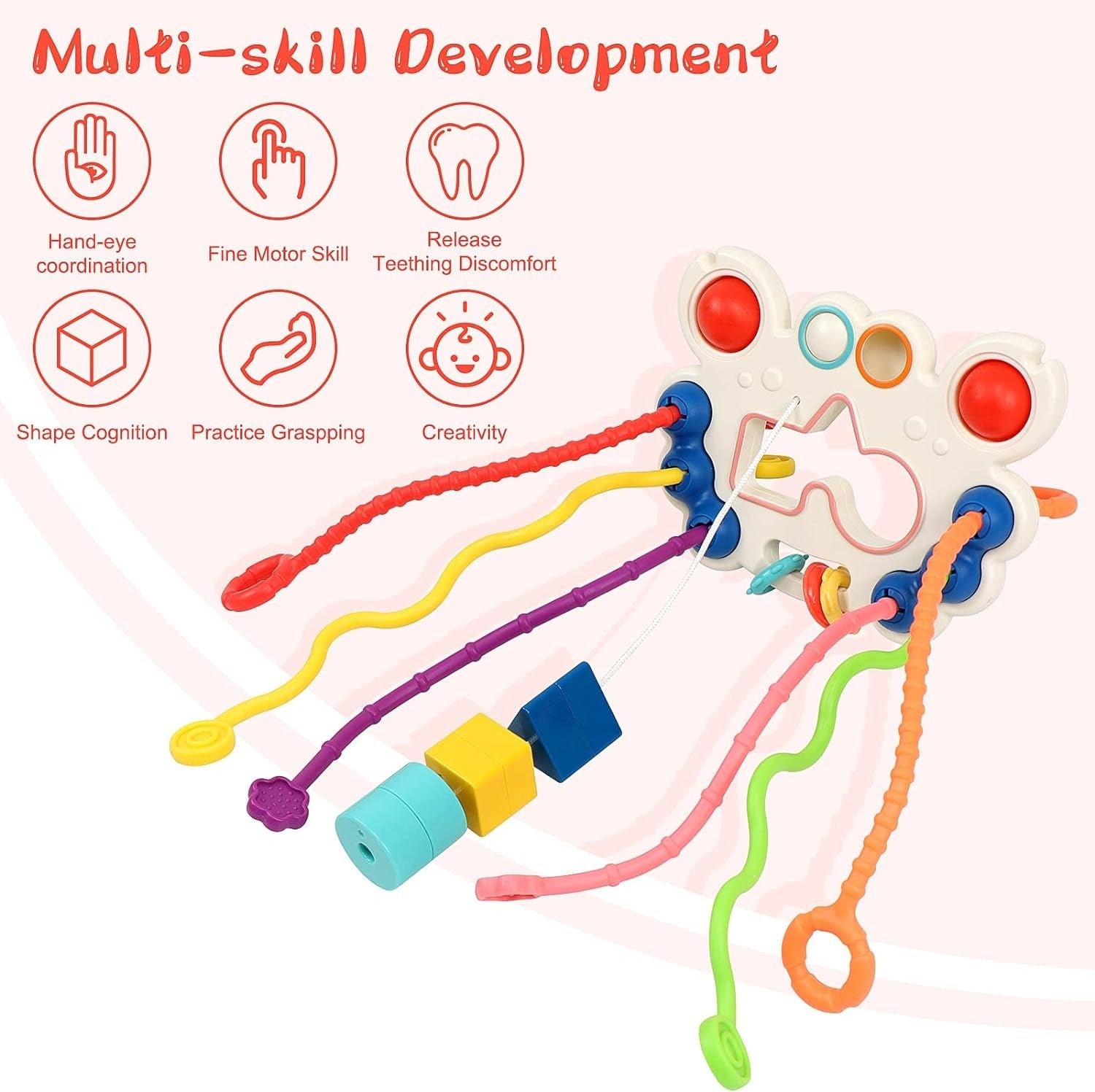 Fidtoy 5-in-1 Pull String Motor Skills and Sensory Activity Toy for Babies, Crab-Shaped Silicone Pull Toy with Press Buttons, Textures, Fine Motor and Travel Play Age 0–2