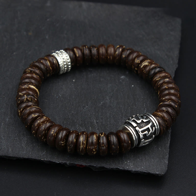 Buddha Stones Natural Tibetan Coconut Shell Om Mani Padme Hum Positive Bracelet Bracelet BS Brown Coconut Shell&Ancient Silver 18-20cm