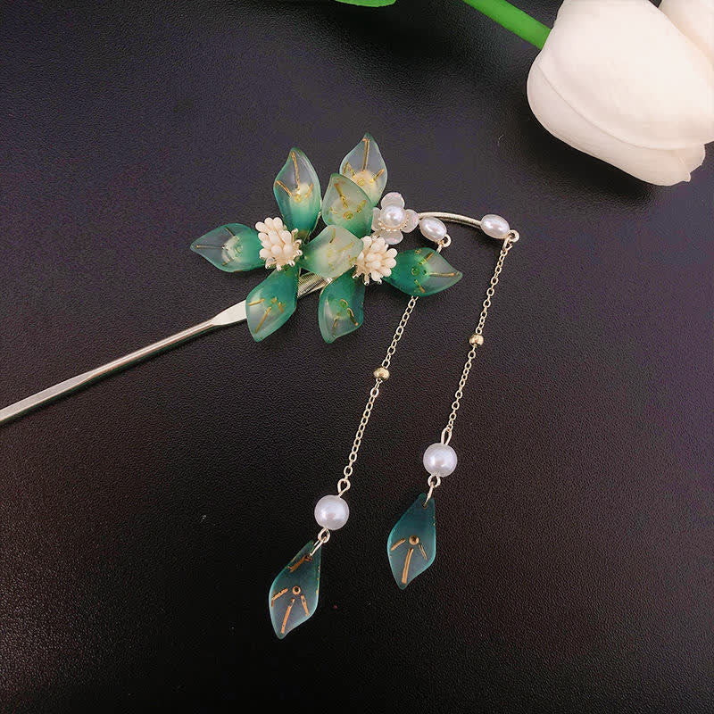 Buddha Stones Flower Leaf Pearl Peace Tassel Hairpin Hairpin BS 11