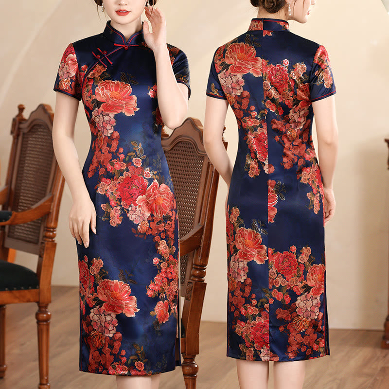 Buddha Stones Retro Flower Lotus Peony Feather Print Qipao Dress Women's Cheongsam Dress - Navy Blue Peony - US16,UK/AU20,EU48 (5XL) - image 17