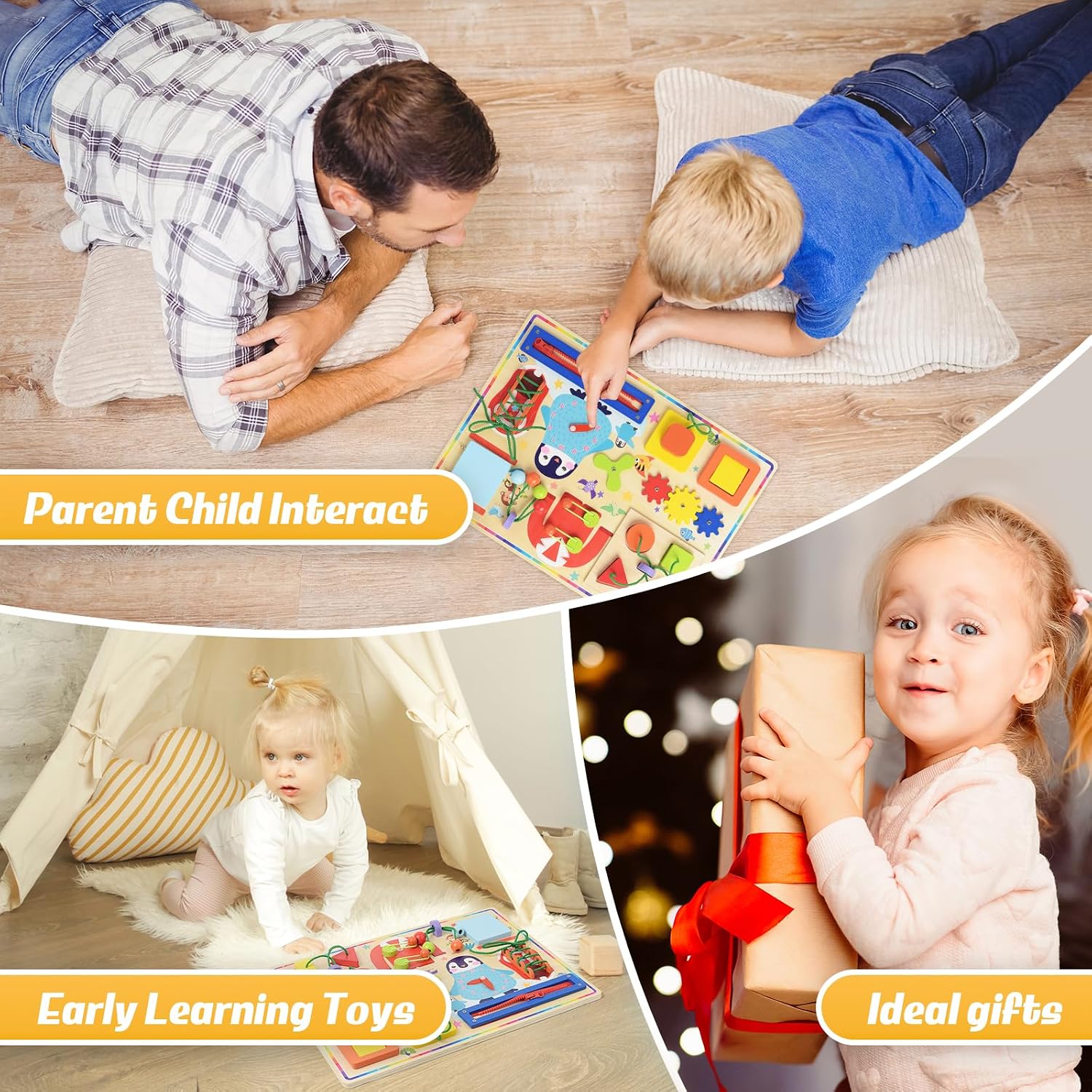 Fidtoy 10in1 Wooden Sensory Busy Board Activity for Toddlers, Wooden Montessori Practical Life Activity Board with Xylophone, Maze, Shape Sorter, Zipper, Clock, Gears and Switches Ages 2-4