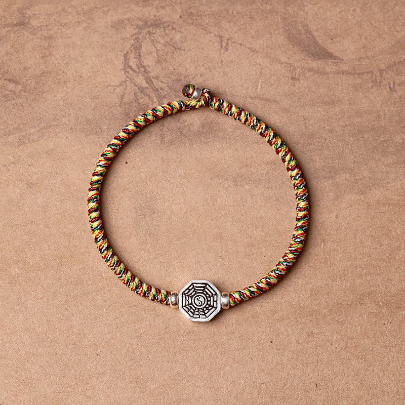 Buddha Stones 925 Sterling Silver Yin Yang Bagua Symbol Cinnabar String Concentration Bracelet Bracelet BS Colorful Rope 23cm
